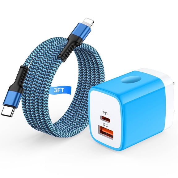 Compatible for iPhone Charger Block, 20W Dual Port Charger Block with 3FT USB-C to Light-ning Cable, Wall Charger Adapter Type-C Charger USB C Brick Cube Power Base Compatible with iPhone(Blue)