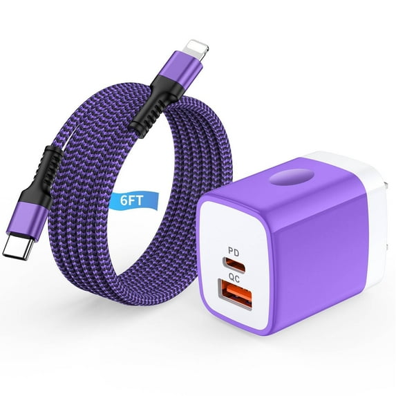 Compatible for iPhone Charger Block, 20W Dual Port Charger Block with 6FT USB-C to Light-ning Cable, Wall Charger Adapter Type-C Charger USB C Brick Cube Power Base Compatible with iPhone(Purple)