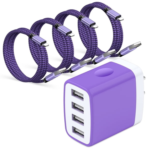 Compatible for iPhone Charger Block, 4 Port Charger Block Plug with 4 Pack 6ft USB Charging Cable, Multiport USB Wall Charger Adapter Plug Power Base Charging Station Compatible for iPhone, Purple