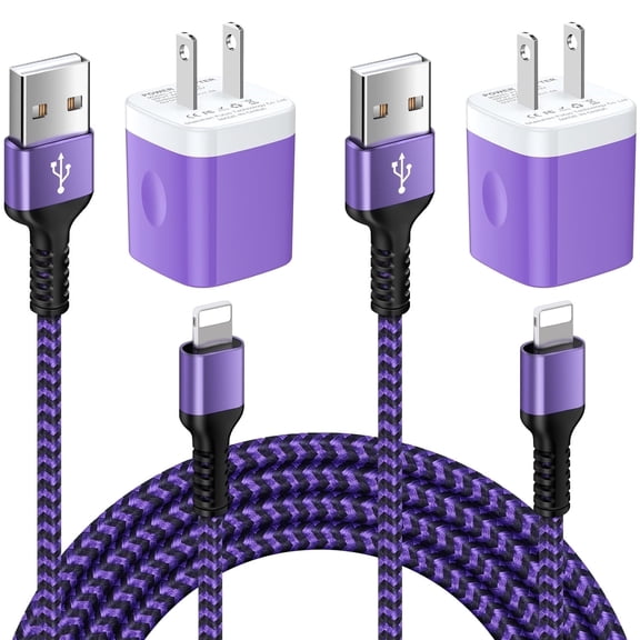 Compatible for iPhone Charger Block, 2 Pack USB Charging Block with Charging Cable 10FT, USB Wall Charger Adapter USB Brick Cube Power Base Fast Charger Station Compatible for iPhone, Purple