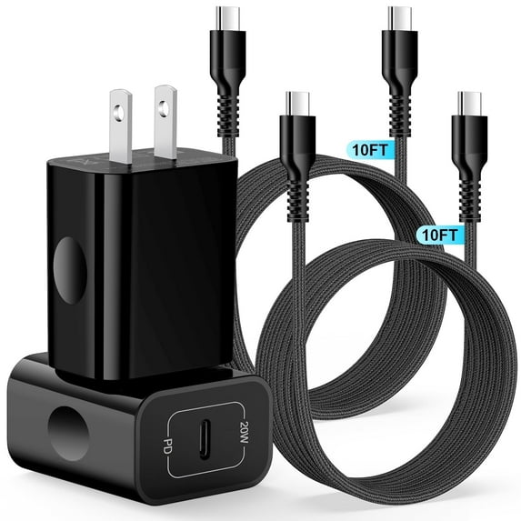 Bioonis Compatible for iPhone Charger, 2 Pack 20W PD USB C Wall Charger Adapter Plug with USB C to C Charging Cable 10ft, Type C Block USB C Brick Compatible for iPhone 15, iPad,Android, Black