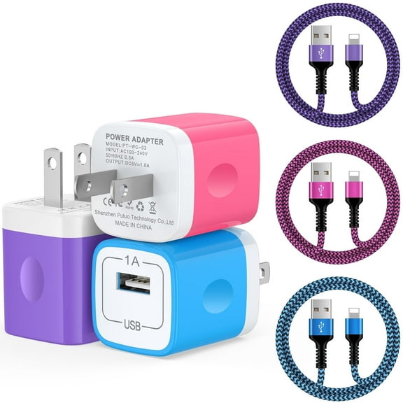 Compatible for iPhone Charger Fast Charging, 3 Pack USB Charging Block with Charging Cable 10FT, USB Brick Cube Power Station USB Wall Charger Adapter Phone Charging Cord Compatible for iPhone, Mixed
