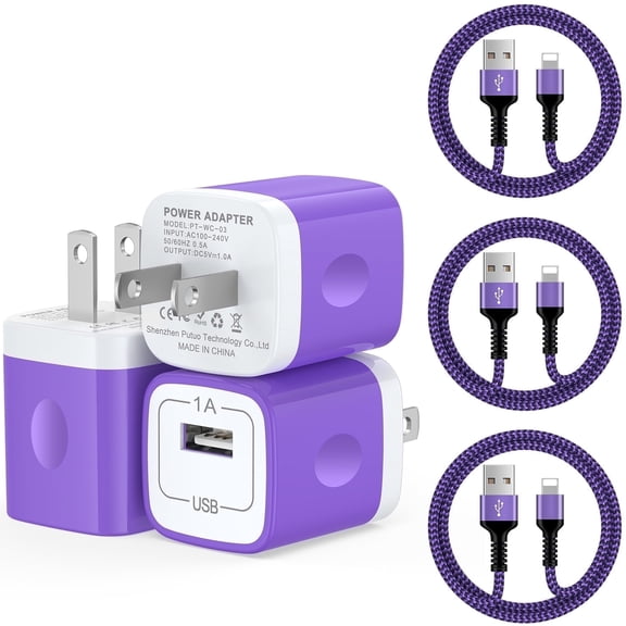 Compatible for iPhone Charger Fast Charging, 3 Pack USB Charging Block with Charging Cable 10FT, USB Brick Cube Power Station USB Wall Charger Adapter Phone Charging Cord Compatible for iPhone,Purple