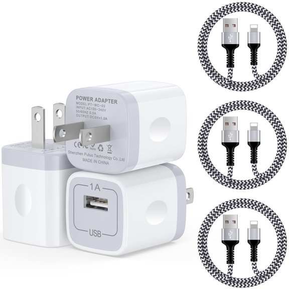 Compatible for iPhone Charger Fast Charging, 3 Pack USB Charging Block with Charging Cable 10FT, USB Brick Cube Power Station USB Wall Charger Adapter Phone Charging Cord Compatible for iPhone, White