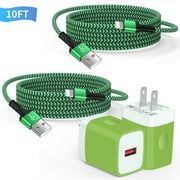Compatible for iPhone Charger Fast Charging, Bioonis 2 Pack 10FT USB Charging Cable with QC 18W Wall Charger Plug Charging Station Power Base Compatible for iPhone 14/13/12/11/Xs Max,iPad Air(Green)