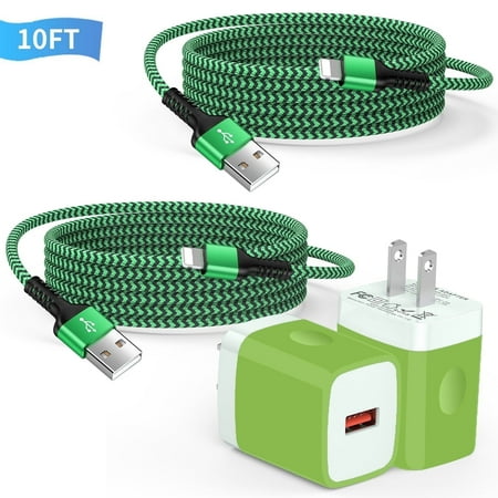 Compatible for iPhone Charger Fast Charging, Bioonis 2 Pack 10FT USB Charging Cable with QC 18W Wall Charger Plug Charging Station Power Base Compatible for iPhone 14/13/12/11/Xs Max,iPad Air(Green)