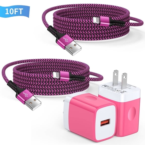 Compatible for iPhone Charger Fast Charging, Bioonis 2 Pack 10FT USB Charging Cable with QC 18W Wall Charger Plug Charging Station Power Base Compatible for iPhone 14/13/12/11/Xs Max,iPad Air(Pink)