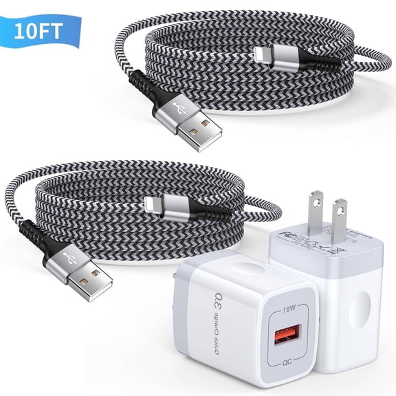Compatible for iPhone Charger Fast Charging, Bioonis 2 Pack 10FT USB Charging Cable with QC 18W Wall Charger Plug Charging Station Power Base Compatible for iPhone 14/13/12/11/Xs Max,iPad Air(White)