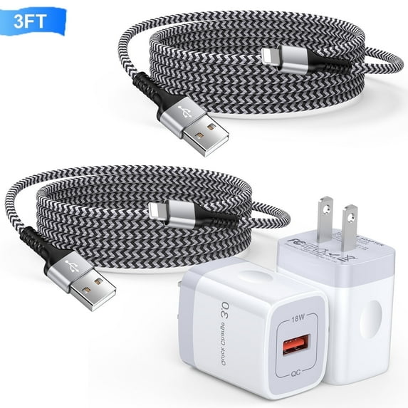 Compatible for iPhone Charger Fast Charging, Bioonis 2 Pack 3FT USB Charging Cable with QC 18W Wall Charger Plug Charging Station Power Base Compatible for iPhone 14/13/12/11/Xs Max,iPad Air, White