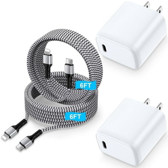 Compatible for iPhone Charger Block, 20W PD USB C Charger Block, 2 Pack Type C Charger Plug with USB C to Light-ning Cable 6FT, USB C Wall Charger Adapter USB C Cube Brick Compatible for iPhone,White