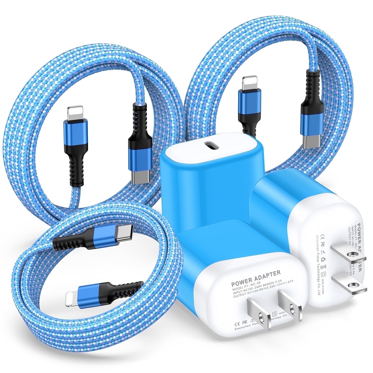 Compatible for iPhone Charger Fast Charging, 3 Pack 20W PD USB C Charger Block+USB C to Charging Cord 6FT, Type C Wall Charger Adapter USB C Brick Phone Charging Cord Compatible for iPhone, Blue