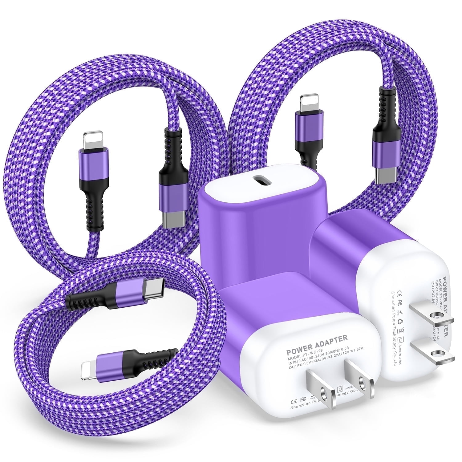 Compatible for iPhone Charger Fast Charging, 3 Pack 20W PD USB C Charger Block+USB C to Charging Cord 6FT, Type C Wall Charger Adapter USB C Brick Phone Charging Cord Compatible for iPhone, Purple