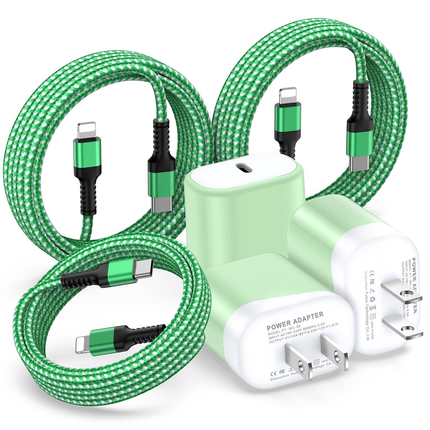Compatible for iPhone Charger Fast Charging, 3 Pack 20W PD USB C Charger Block+USB C to Charging Cord 6FT, Type C Wall Charger Adapter USB C Brick Phone Charging Cord Compatible for iPhone, Green
