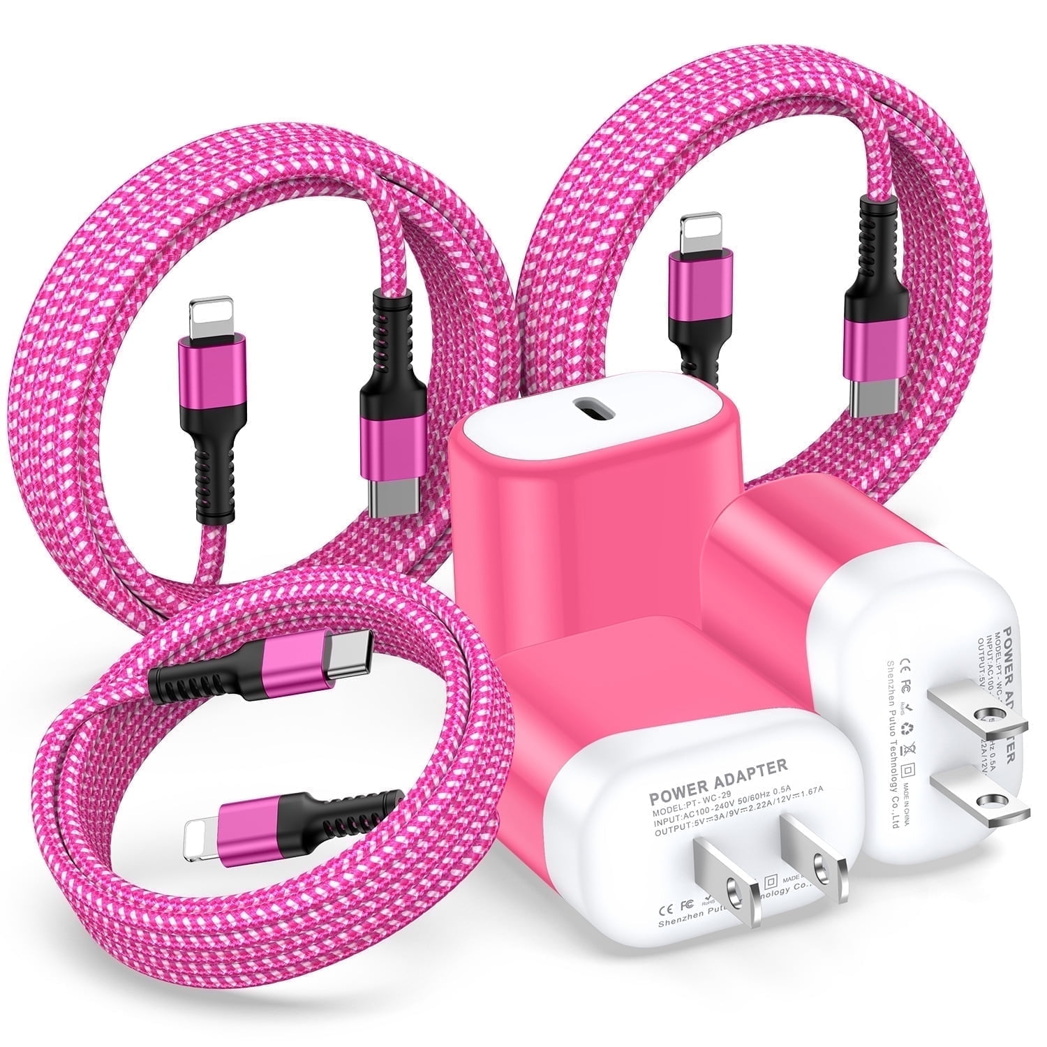 Compatible for iPhone Charger Fast Charging, 3 Pack 20W PD USB C Charger Block+USB C to Charging Cord 6FT, Type C Wall Charger Adapter USB C Brick Phone Charging Cord Compatible for iPhone, Pink