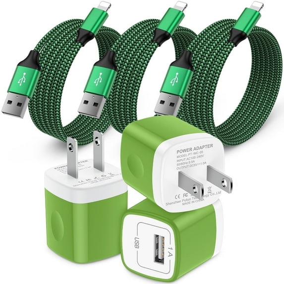 Compatible for iPhone Charger Fast Charging, 3 Pack Charger Block with 6FT Charging Cord, USB Charger Adapter Wall Charger Plug Fast Phone Charger Cube Charging Block Compatible for iPhone, Green
