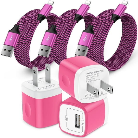 Compatible for iPhone Charger Fast Charging, 3 Pack Charger Block with 6FT Charging Cord, USB Charger Adapter Wall Charger Plug Fast Phone Charger Cube Charging Block Compatible for iPhone, Pink