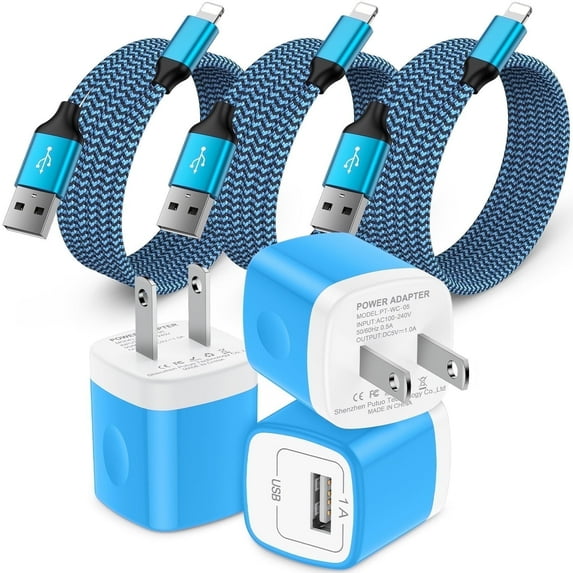 Compatible for iPhone Charger Fast Charging, 3 Pack Charger Block with 6FT Charging Cord, USB Charger Adapter Wall Charger Plug Fast Phone Charger Cube Charging Block Compatible for iPhone, Blue