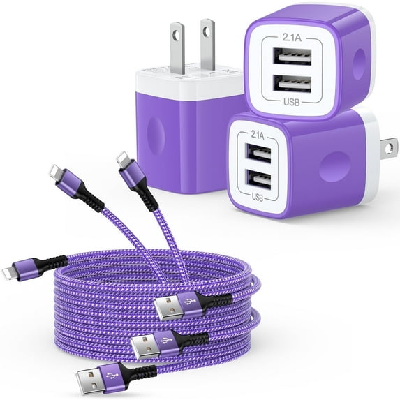 Compatible for iPhone Charger Block, 3 Pack Dual Port Charger Block with Charging Cable 6FT, USB Wall Charger Adapter USB Brick Cube Fast Charging Station Power Base Compatible for iPhone, Purple