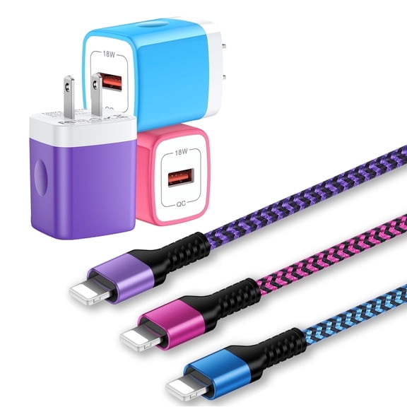 Compatible for iPhone Charger Fast Charging, Bioonis 3 Pack QC 18W Charger Block with 10FT Charging Cable, USB Wall Charger Adapter Plug USB Brick Cube Power Station Compatible for iPhone, Mixed