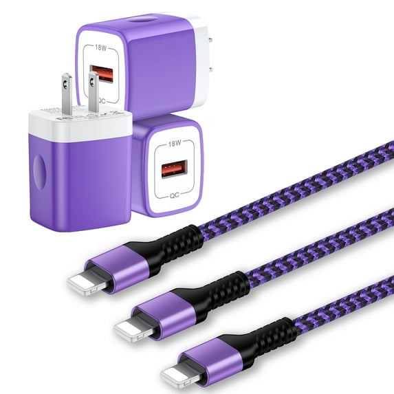 Compatible for iPhone Charger Fast Charging, Bioonis 3 Pack QC 18W Charger Block with 10FT Charging Cable, USB Wall Charger Adapter Plug USB Brick Cube Power Station Compatible for iPhone, Purple