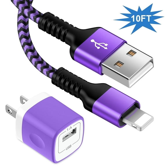 Compatible for iPhone Charger Fast Charging, Charger Block with 10FT Charging Cord, USB Charger Adapter Wall Charger Plug Fast Phone Charger Cube Charging Box Brick Compatible for iPhone, Purple