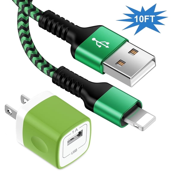 Compatible for iPhone Charger Fast Charging, Charger Block with 10FT Charging Cord, USB Charger Adapter Wall Charger Plug Fast Phone Charger Cube Charging Box Brick Compatible for iPhone, Green