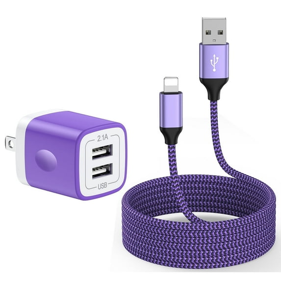 Compatible for iPhone Charger Block, Dual Port Charger Block+6FT Charging Cord, USB Wall Charger Adapter USB Brick Cube Power Station Fast Charging Braided Cable Compatible for iPhone(Purple)