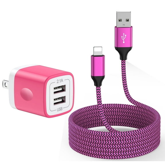 Compatible for iPhone Charger Block, Dual Port Charger Block+6FT Charging Cord, USB Wall Charger Adapter USB Brick Cube Power Station Fast Charging Braided Cable Compatible for iPhone(Pink)