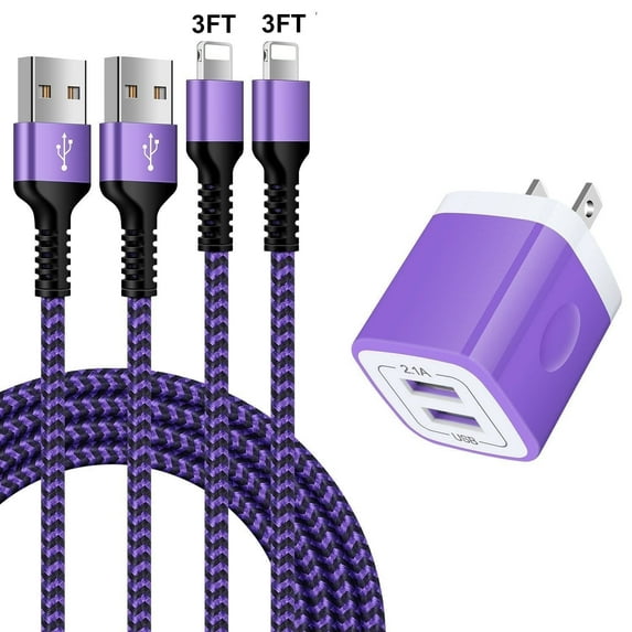 Compatible for iPhone Charger Block, 2.1A Dual Port USB Wall Charger Adapter+2 Pack Charging Cable 3FT, USB Brick Box Power Station Fast Charging Cube Compatible for iPhone, Purple