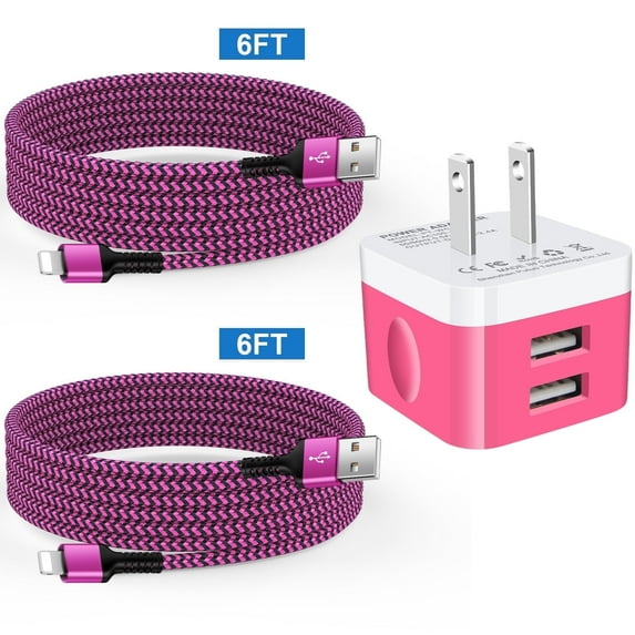 Compatible for iPhone Charger Block,USB Wall Charger and 2 Pack 6FT Charging Cable,Dual Port Charging Box USB Brick Cube Wall Power Adapter Plug Compatible for iPhone, iPad Pro/Air/Mini,iPad(Pink)