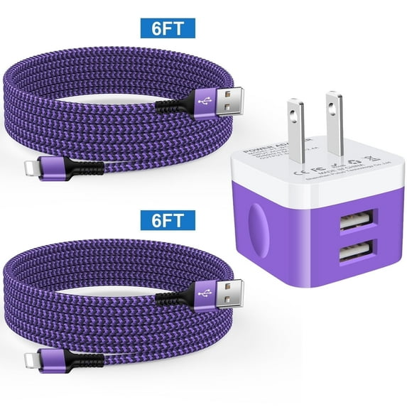 Compatible for iPhone Charger Block,USB Wall Charger and 2 Pack 6FT Charging Cable,Dual Port Charging Box USB Brick Cube Wall Power Adapter Plug Compatible for iPhone, iPad Pro/Air/Mini,iPad(Purple)