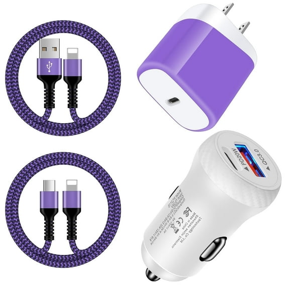 Bioonis Compatible for iPhone Car Charger,38W Car Charger Adapter Cigarette Lighter Socket+20W Type C Charger Block USB C Charger+6ft &10FT USB C Charging Cable Compatible for iPhone,Purple