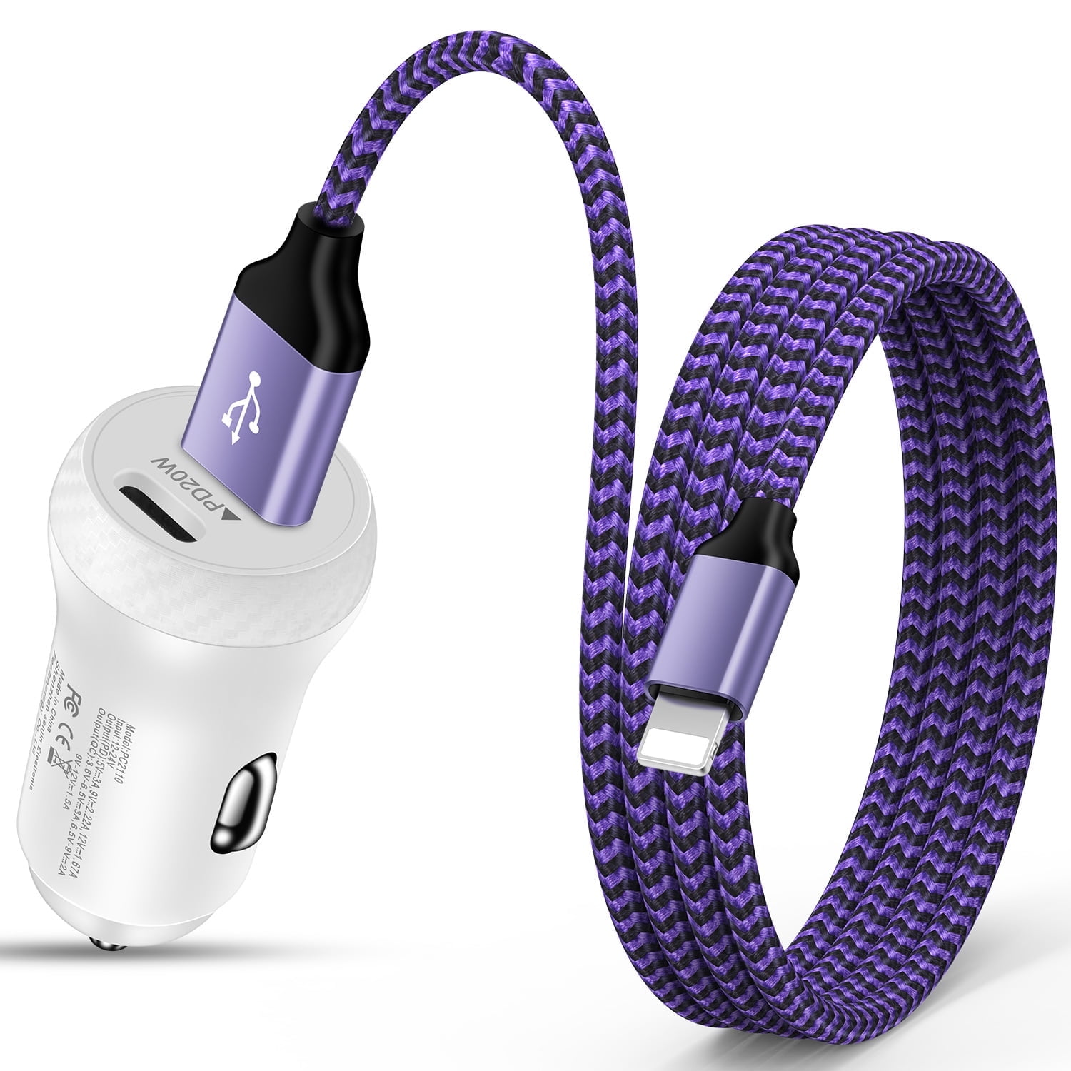 Bioonis Fast Car Charger, 38W Dual Port Smart Power Rapid Charger with 6FT Light-ning Charging Cable, PD/QC 3.0 Quick Car Charge Adapter Compatible for iPhone 14 13 12 Pro/XS/XR/X/iPad(Purple)