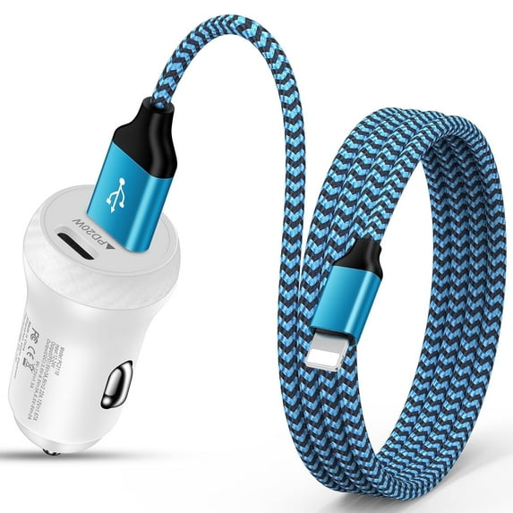 Bioonis Fast Car Charger, 38W Dual Port Smart Power Rapid Charger with 6FT Charging Charging Cable, PD/QC 3.0 Quick Car Charge Adapter Compatible for iPhone 14 13 12 Pro/XS/XR/X/iPad(Blue)