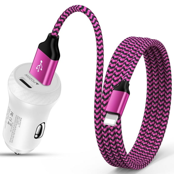 Bioonis Fast Car Charger, 38W Dual Port Smart Power Rapid Charger with 6FT Charging Charging Cable, PD/QC 3.0 Quick Car Charge Adapter Compatible for iPhone 14 13 12 Pro/XS/XR/X/iPad(Pink)