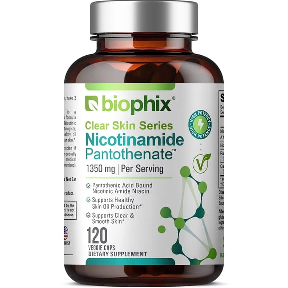 Biophix B3 Nicotinamide & B5 Pantothenic Acid 1350 mg - Flush-Free Niacin for Skin Health, 120 Vcaps