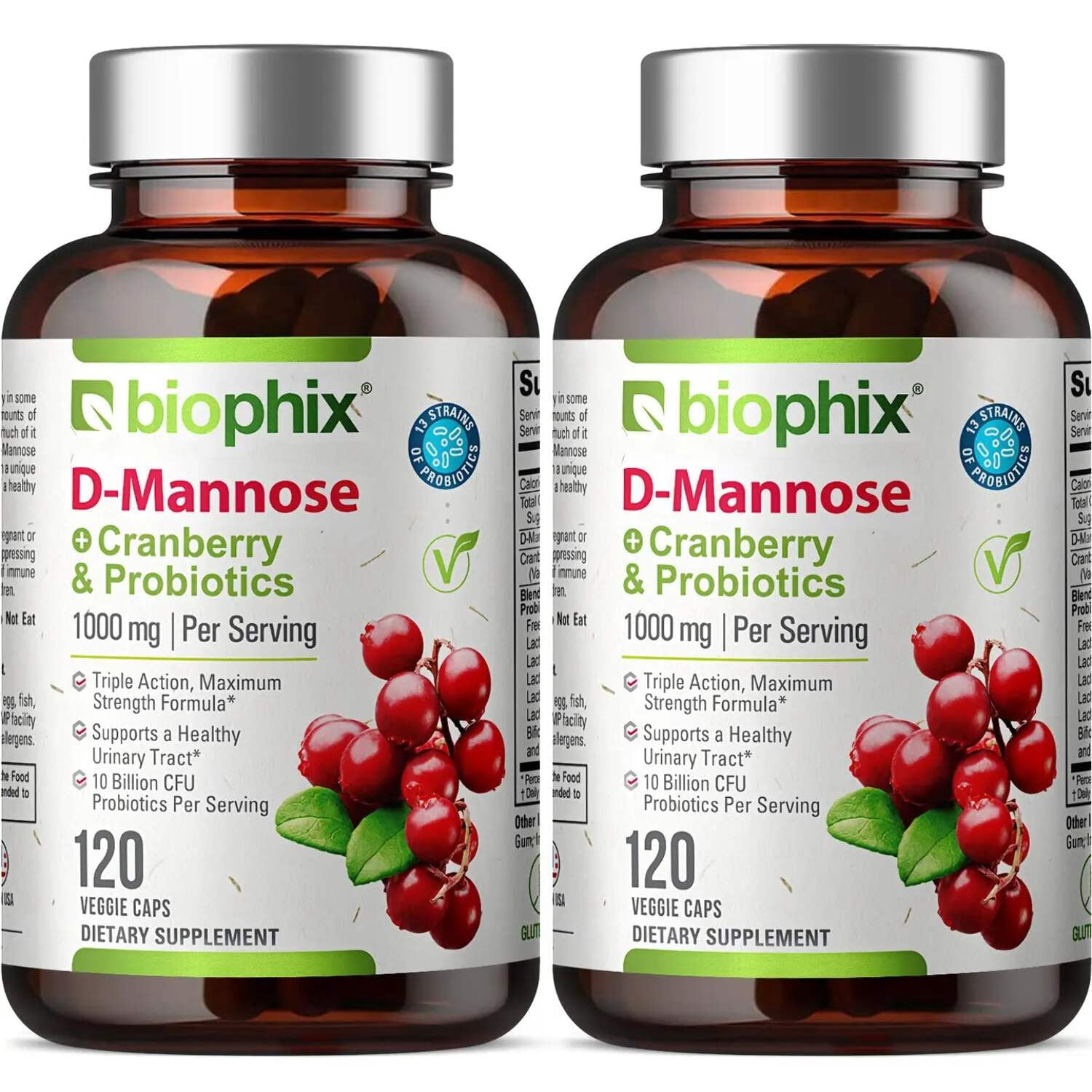 Biophix D-Mannose with Cranberry & Probiotics 1000mg - 120 Vcaps 2 Pack for Urinary Tract Health