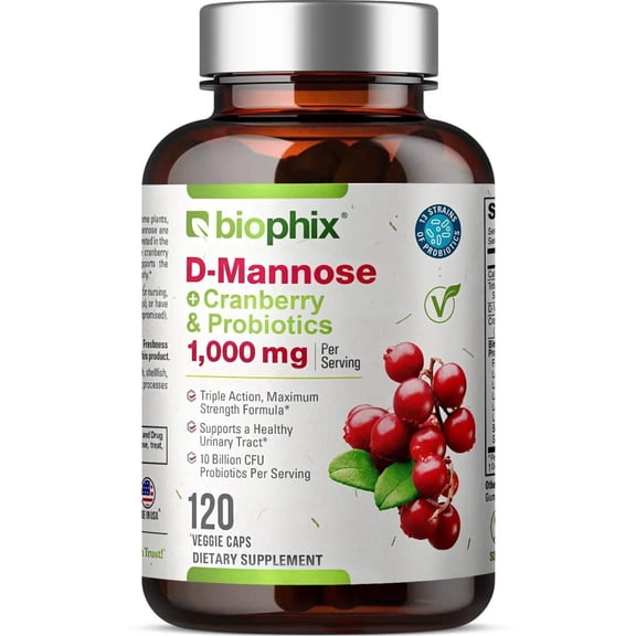 Biophix D-Mannose Cranberry Probiotics 1000 mg 120 Vcaps | Urinary Digestive Support