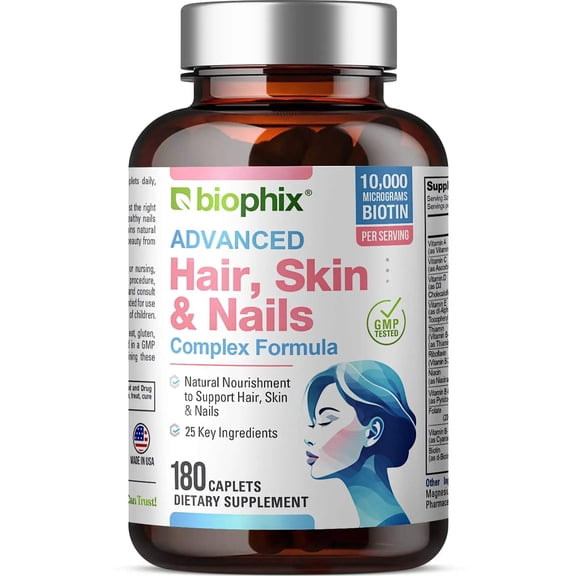 Biophix Hair Skin & Nails Complex 180 Caplets, 10,000 Mcg Biotin Supports Hair, Nails & Healthy Aging