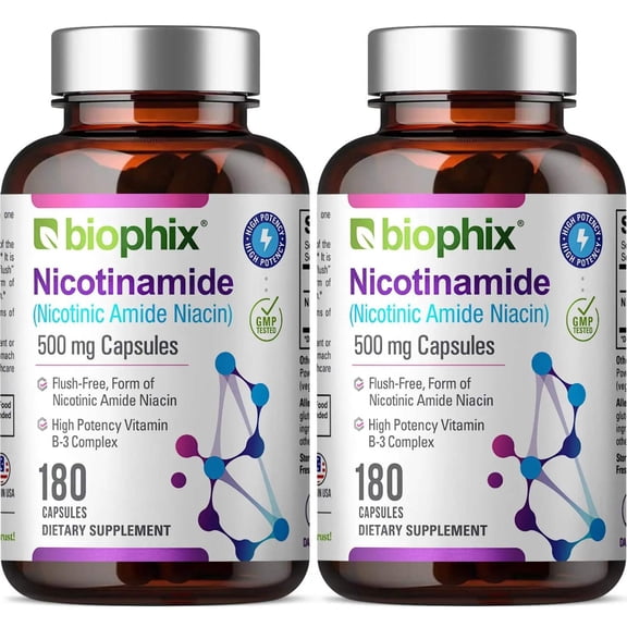 Biophix Nicotinamide 500 mg 180 Caps, 2 Pack Vitamin B3 for Skin Health & Cellular Support