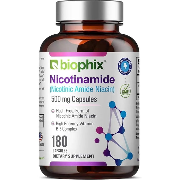 Biophix Nicotinamide 500 mg 180 Caps Flush-Free Niacinamide for Skin Health & Cellular Support