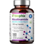 Biophix Nicotinamide 500 mg 180 Caps   Flush-Free Niacinamide for Skin Health & Cellular Support