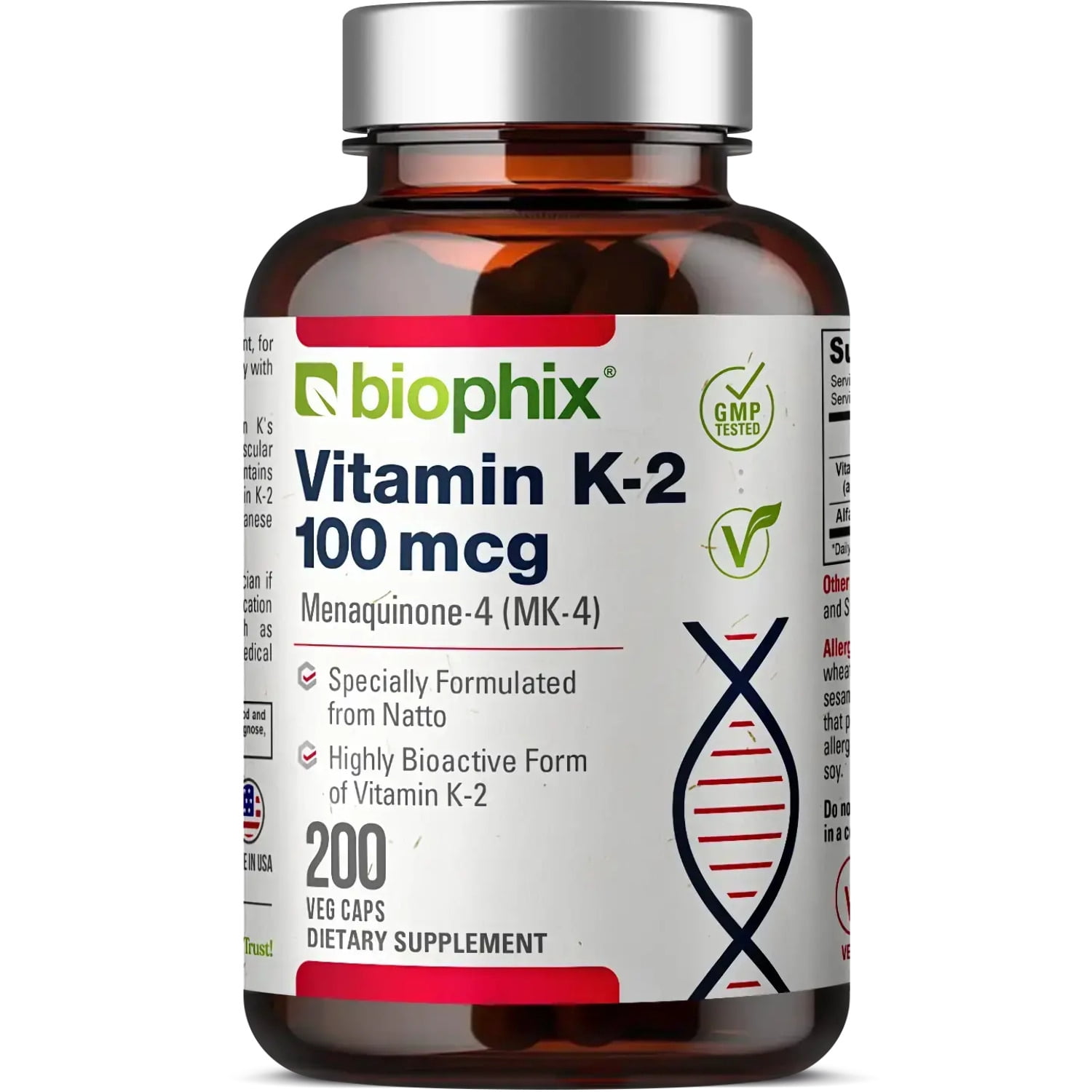 Biophix Vitamin K2 MK-4 100 mcg with Alfalfa - 200 Caps for Bone Health & Immune Support