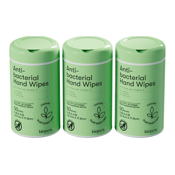 Biopure Antibacterial Hand Wipes Fresh Morning Breeze 5 X 7 Inch Cannister Kills 99% Germs, 50 ct (3 Pack)