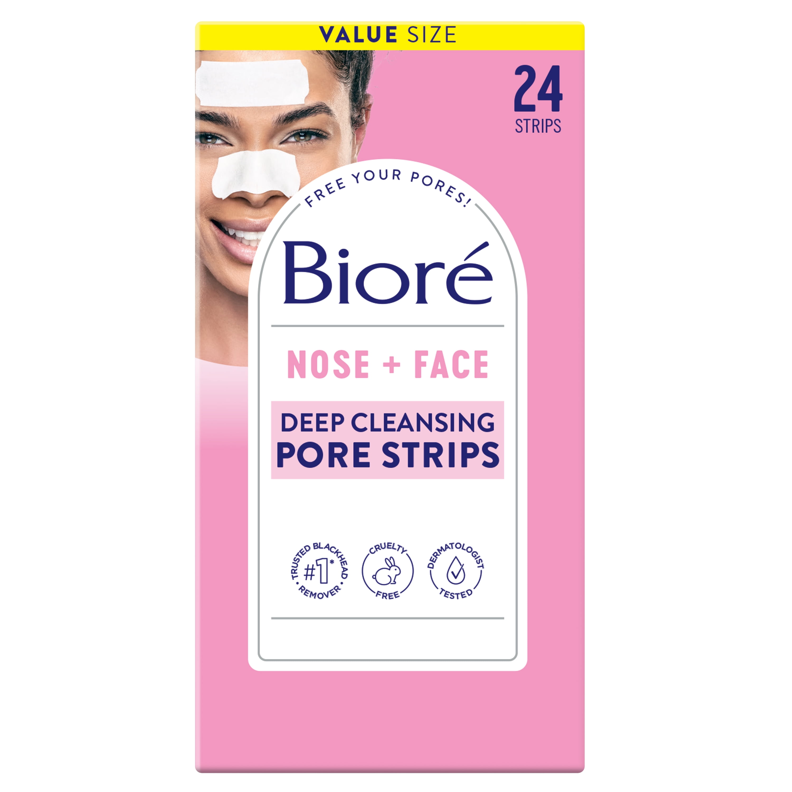Biore Original Nose+Face, Deep Cleansing Pore Strips for Instant Blackhead Removal and Pore Unclogging, 12 Nose + 12 Face Strips, 24 Count Value Size