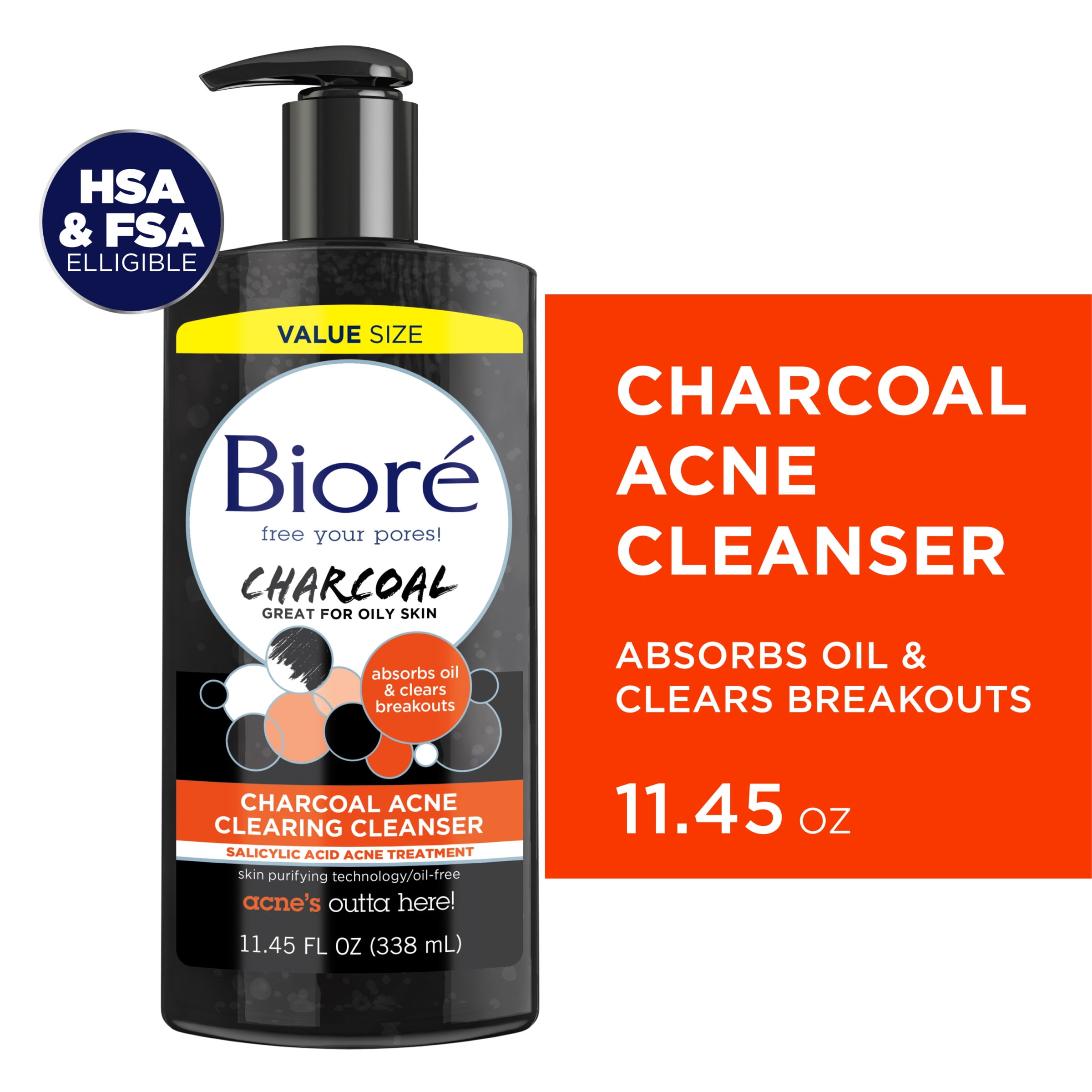 Biore Charcoal 1 Salicylic Acid Acne Clearing Facial Cleanser for Normal to Oily Skin HSA FSA Approved 11.45 oz