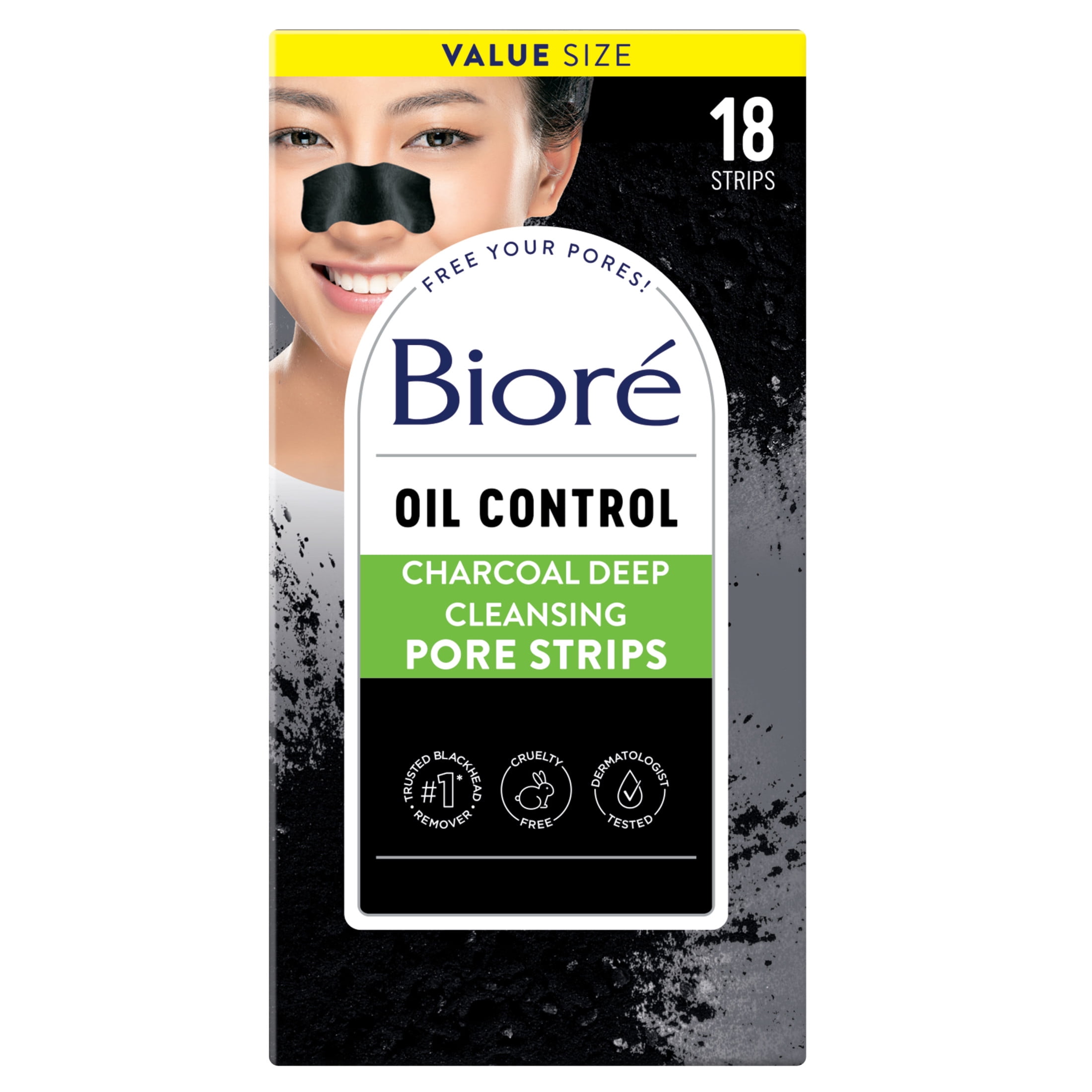 Biore Charcoal Blackhead Remover Pore Strips, Deep Cleansing Nose Strips, 18 Ct