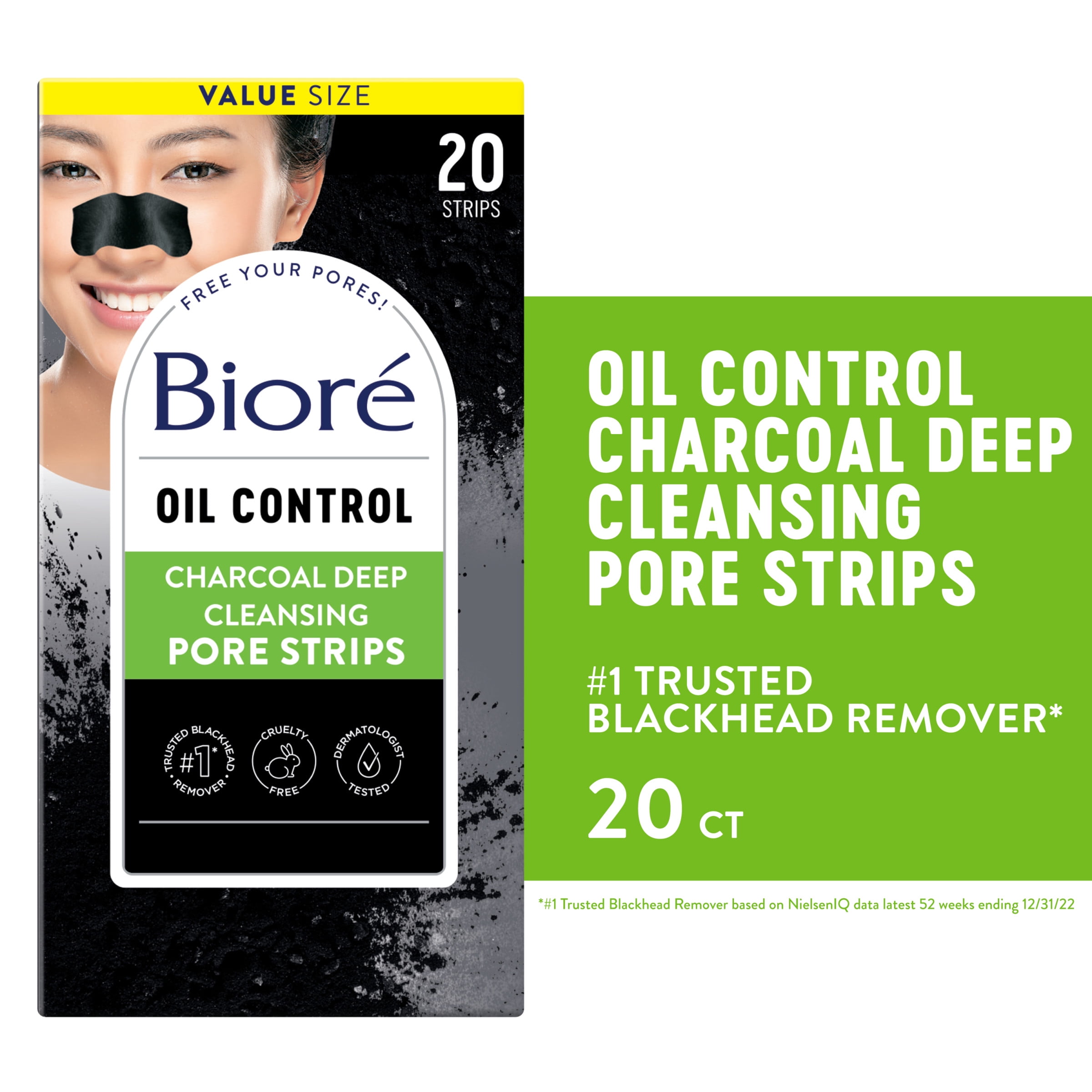 Biore Charcoal Blackhead Remover Pore Strips, Deep Cleansing Nose Strips, 20 Ct