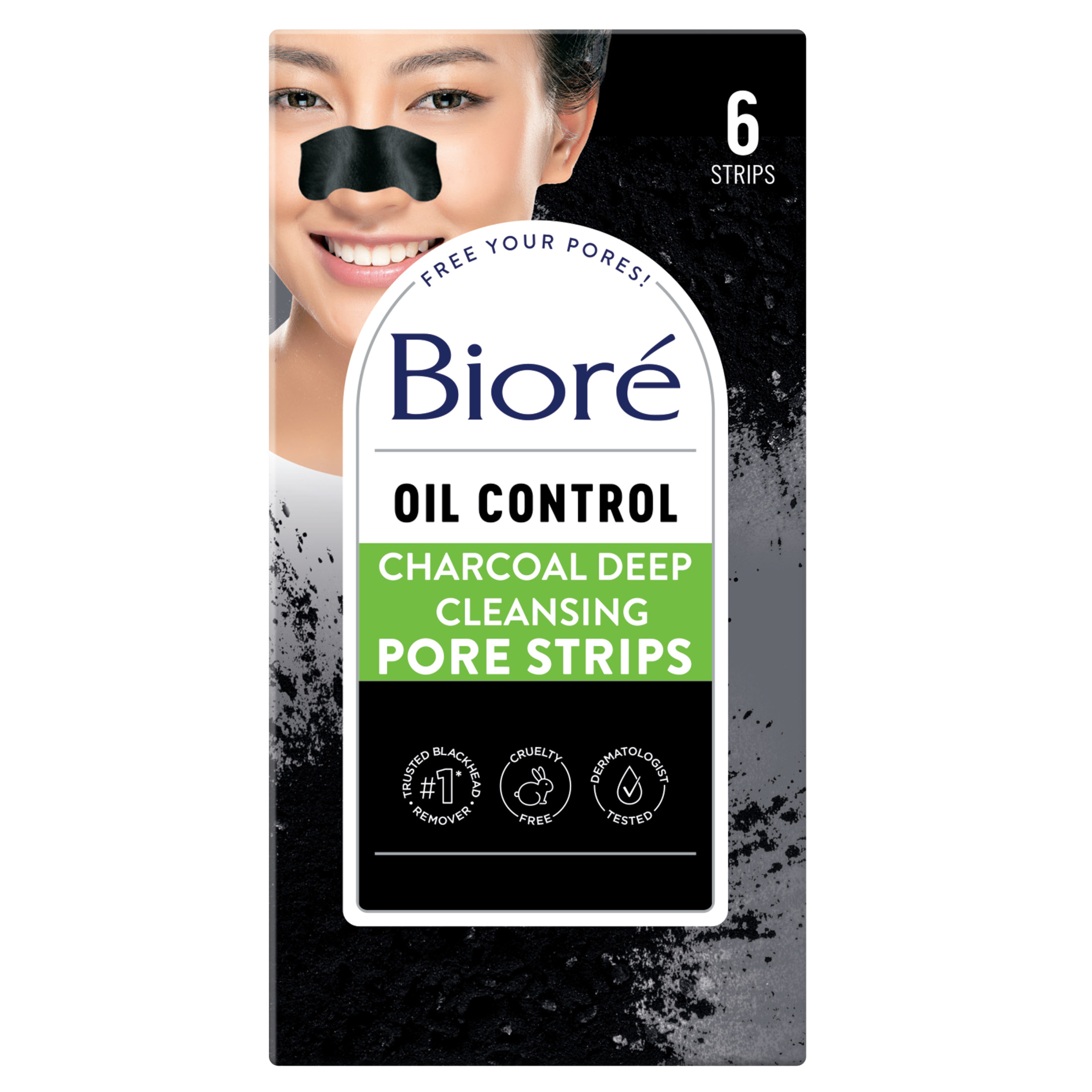 Biore Charcoal Blackhead Remover Pore Strips, Deep Cleansing Nose Strips, 6ct (Pack of 1) - image 1 of 10