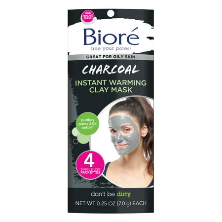 Biore Charcoal Instant Warming Wash-Off Clay Mask, 0.25 fl oz 4 Ct